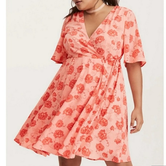 torrid Dresses & Skirts - torrid Peach Floral Georgette Faux Wrap Dress